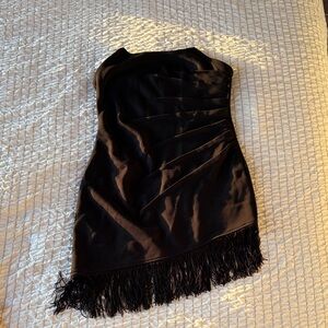 Black Strapless Fringe Hem Cocktail Dress - Brand Unlabeled